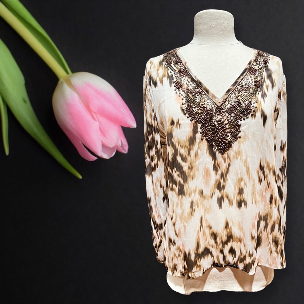 Women’s party Chico's size 2 large long sleeve sheer top blouse with stones